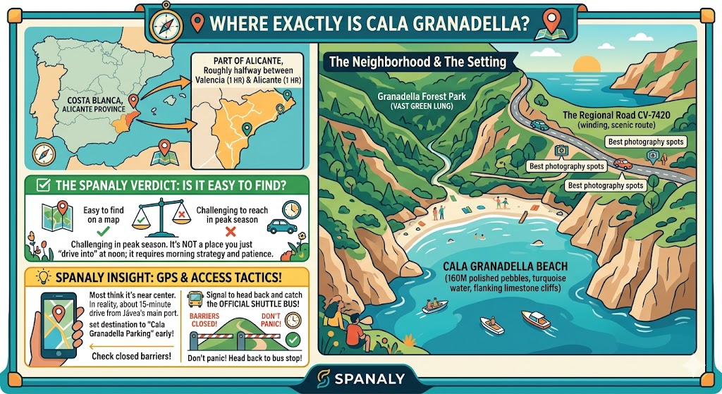 A tactical location map infographic of Cala Granadella in Javea showing its position in Alicante province, the CV-7420 scenic route, and GPS access tactics.