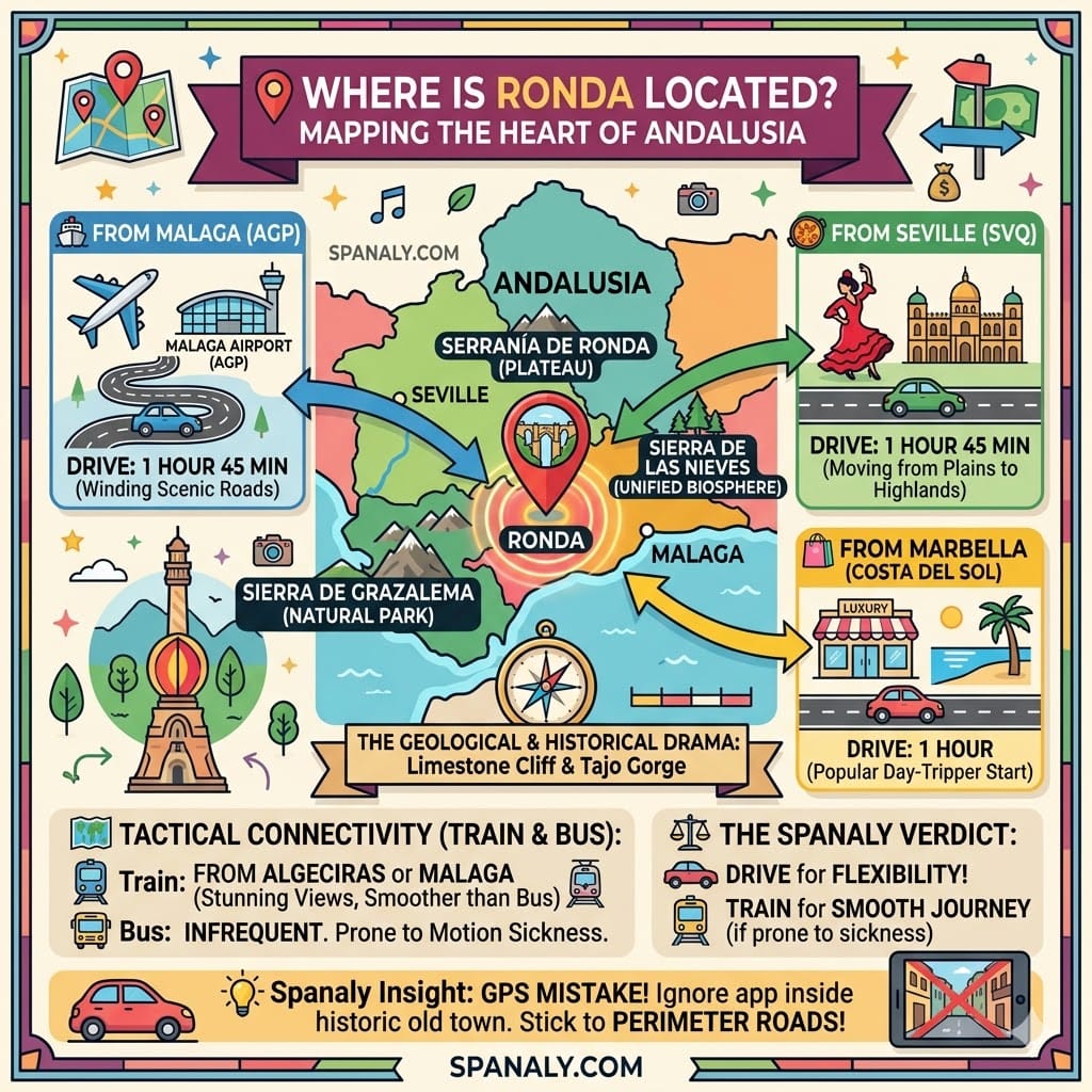 A comprehensive travel infographic map showing Ronda's location in Andalusia, Spain, featuring driving times from Malaga, Seville, and Marbella, plus tactical transport tips.