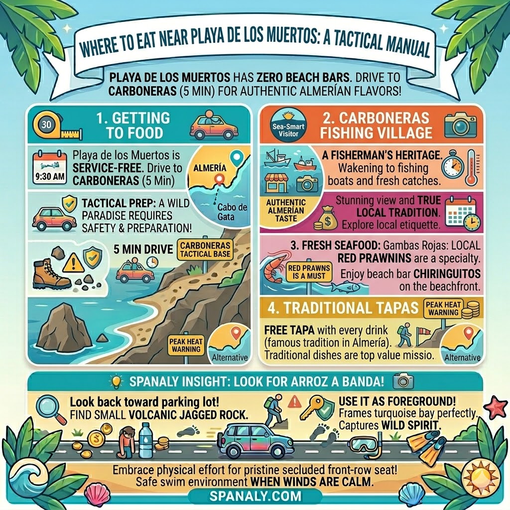 A tactical food guide for Playa de los Muertos visitors, highlighting dining in Carboneras with local red prawns, beachfront chiringuitos, traditional Almerían free tapas, and the authentic Arroz a banda fisherman's rice.