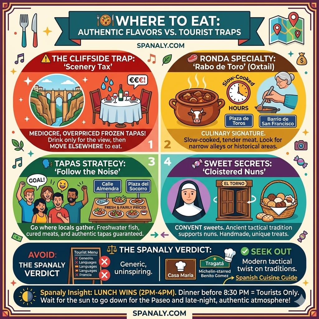 A colorful food infographic for Ronda, Spain, comparing overpriced cliffside tourist traps with authentic dining experiences like slow-cooked Rabo de Toro, convent sweets, and local tapas bars.