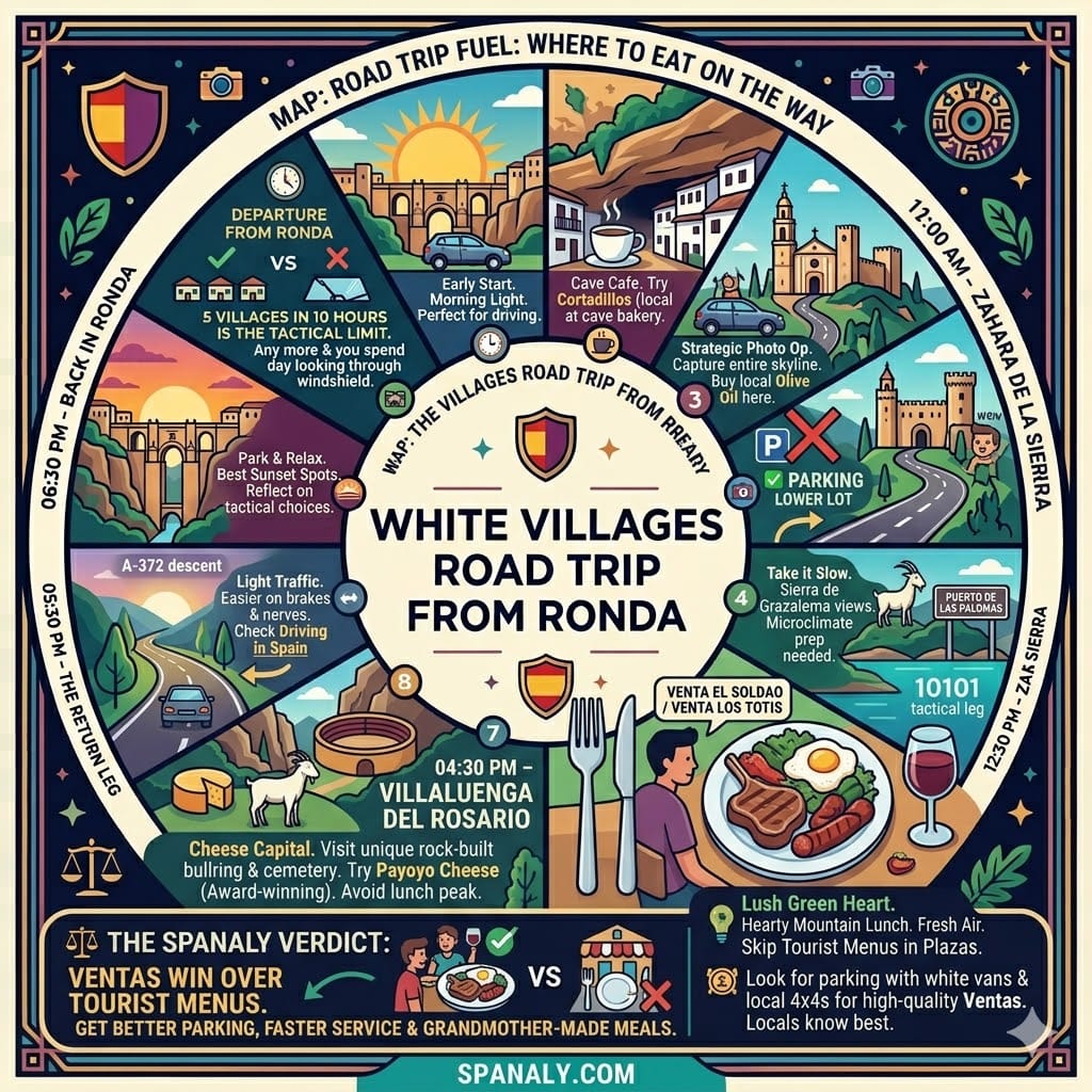 A tactical dining infographic for the White Villages road trip, highlighting the difference between tourist restaurants and local Ventas, featuring traditional dishes like Plato de los Montes and Payoyo cheese.