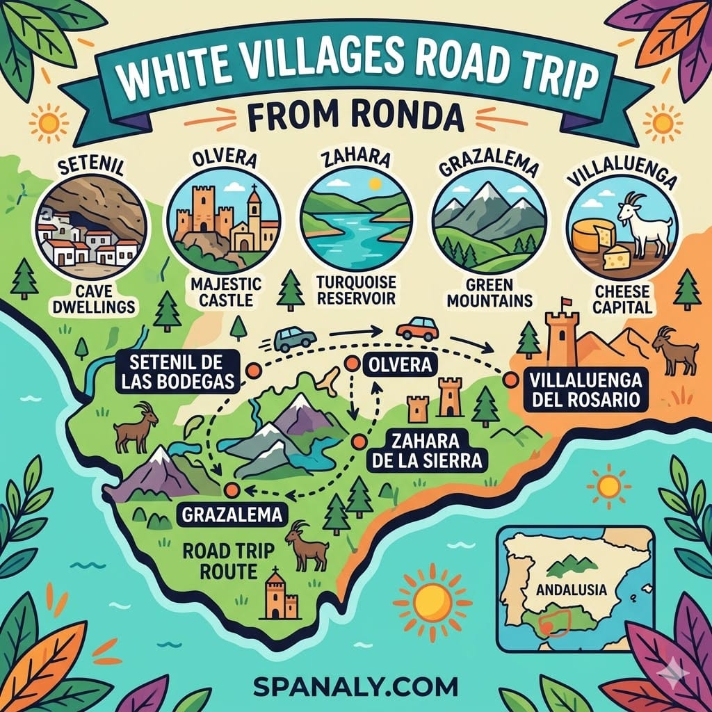 An epic infographic map for a White Villages road trip from Ronda, featuring Setenil de las Bodegas, Olvera, Zahara de la Sierra, Grazalema, and Villaluenga del Rosario with tactical highlights for each stop.