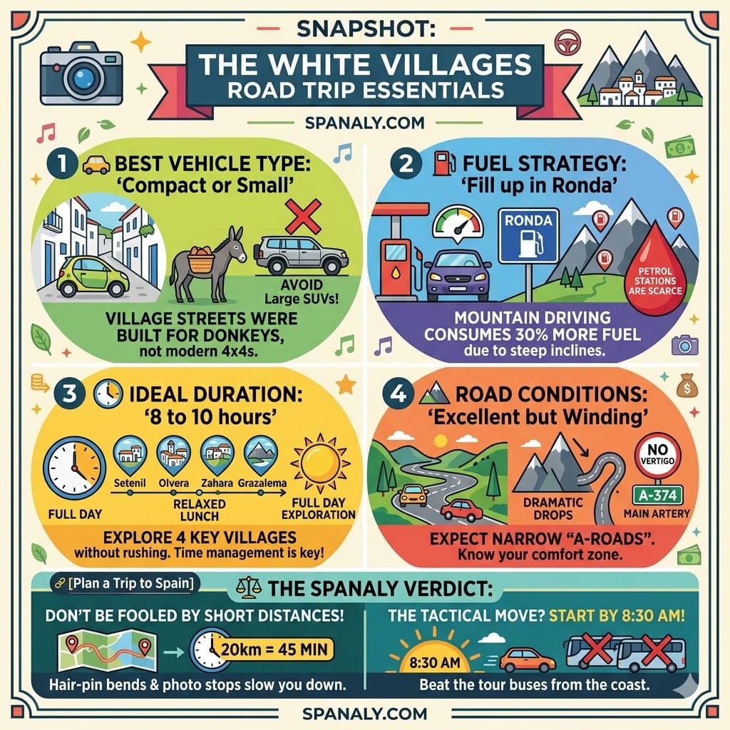 A tactical road trip snapshot infographic for the White Villages from Ronda, featuring vehicle type advice, fuel strategies, ideal trip duration, and mountain road conditions in Andalusia.