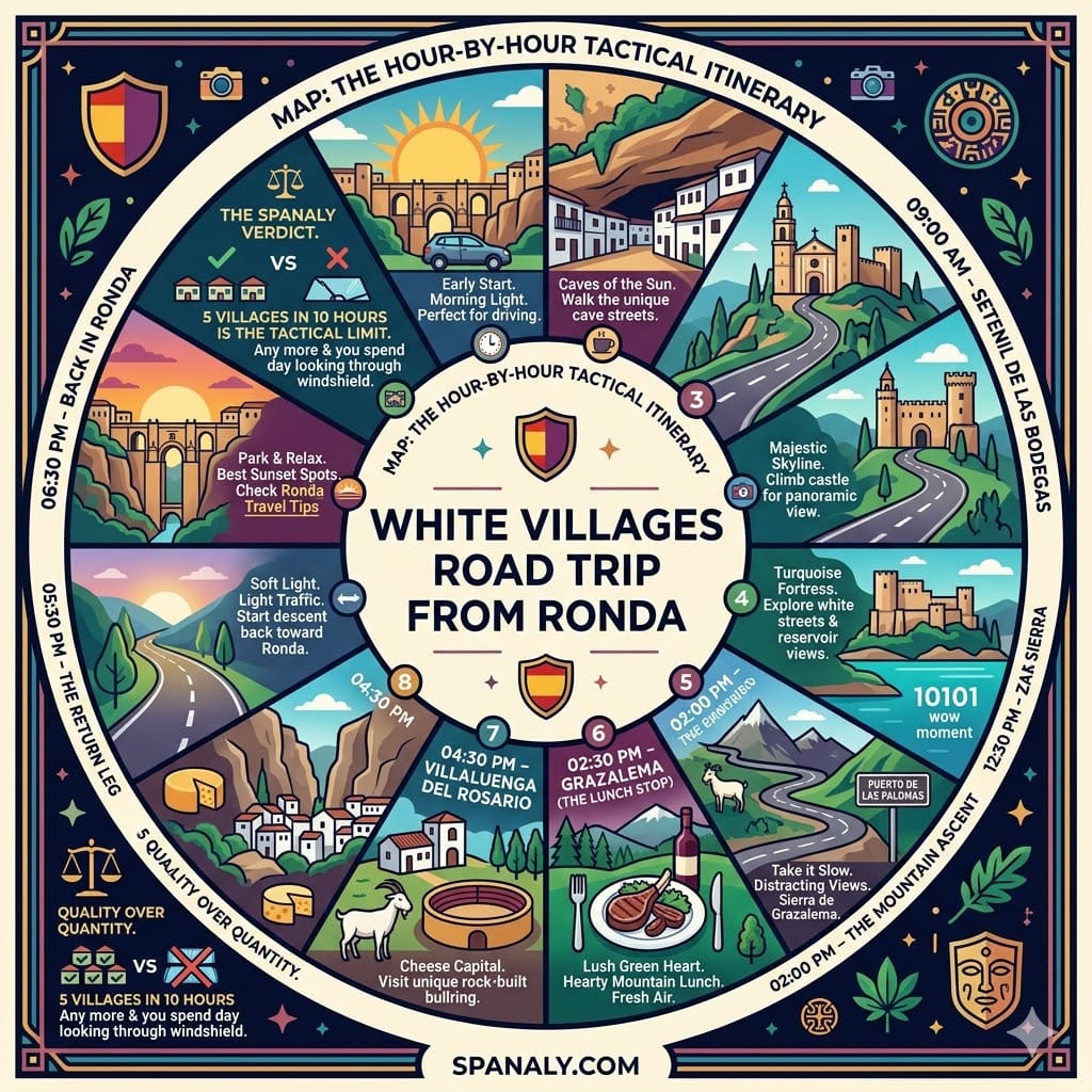 A detailed 10-hour tactical itinerary infographic for the White Villages road trip from Ronda, showing a timed schedule from 08:30 AM to 06:30 PM covering Setenil, Olvera, Zahara, Grazalema, and Villaluenga.