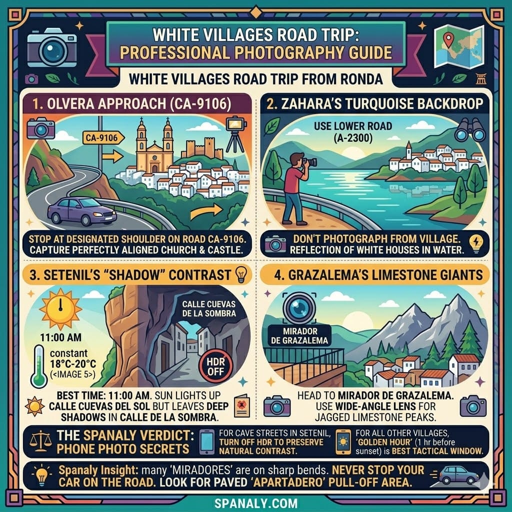 A professional photography infographic for the White Villages road trip, featuring specific locations for the best shots of Olvera, Zahara de la Sierra, Setenil de las Bodegas, and Grazalema.