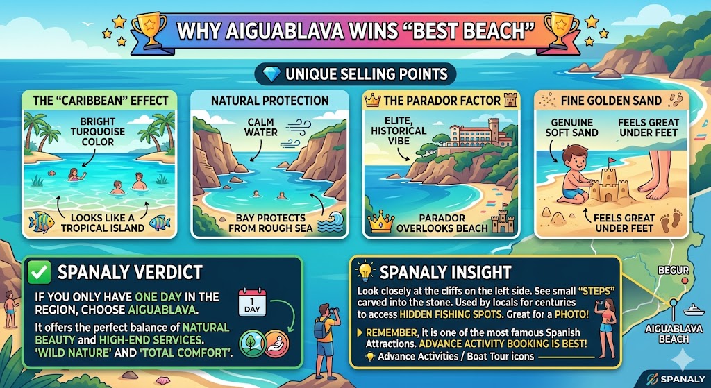 Infographic highlighting why Aiguablava is the best beach in Costa Brava featuring the Caribbean effect, fine golden sand, and the Parador factor.
