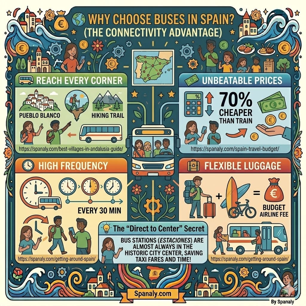 Why choose traveling Spain by bus guide. Infographic showing the connectivity advantage: reaching white villages and hiking trails, 70% cheaper than trains, high frequency every 30 minutes, and flexible luggage for surfboards and bikes. Highlights the secret of city-center bus stations.