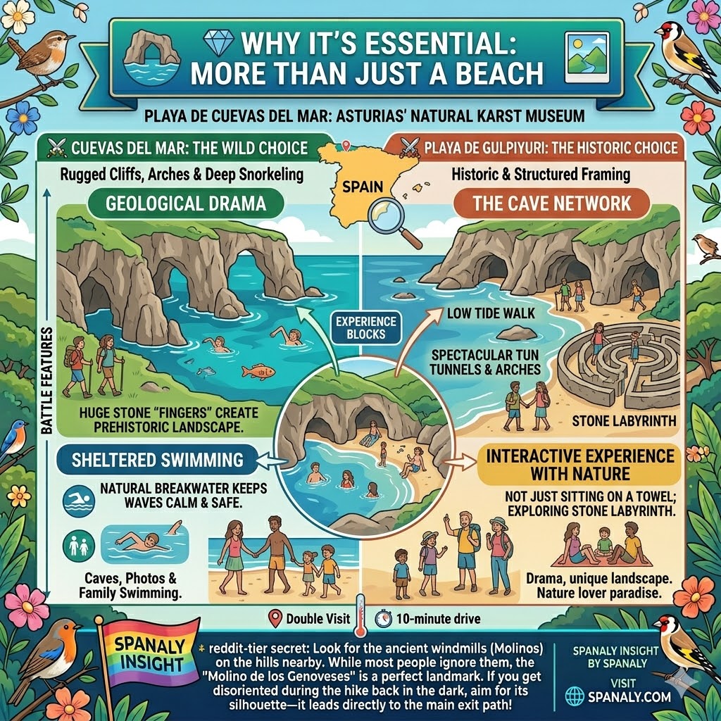 Infographic explaining why Playa de Cuevas del Mar is essential featuring geological limestone drama, safe sheltered swimming, and the prehistoric sea cave network in Asturias.