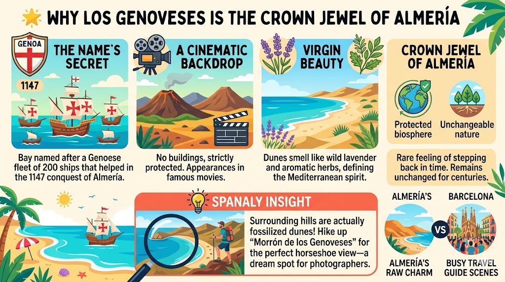 Infographic about Playa de los Genoveses in Almeria, explaining the 1147 Genoese fleet history, cinematic volcanic backdrops, virgin dunes with wild lavender, and photography tips for Morrón de los Genoveses by Spanaly.com