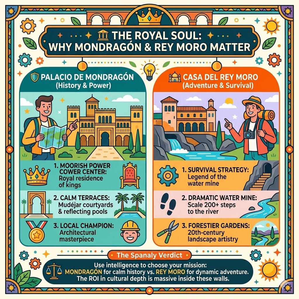 Tactical infographic explaining why Palacio de Mondragón and Casa del Rey Moro matter in Ronda, highlighting Moorish history, survival strategies, and the water mine.