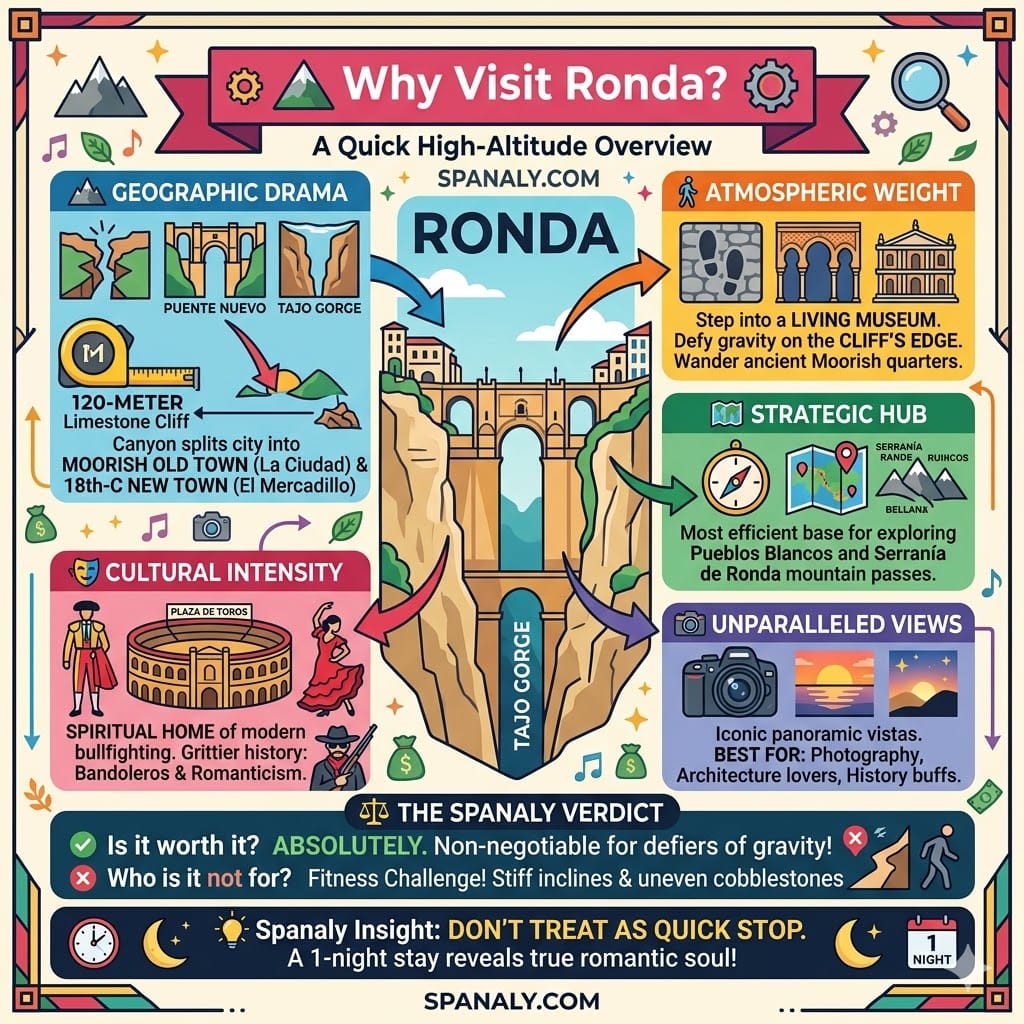 An epic travel infographic overview of Ronda, Spain, highlighting the Tajo Gorge, the 120-meter limestone cliff, Moorish old town architecture, and cultural landmarks like Plaza de Toros.