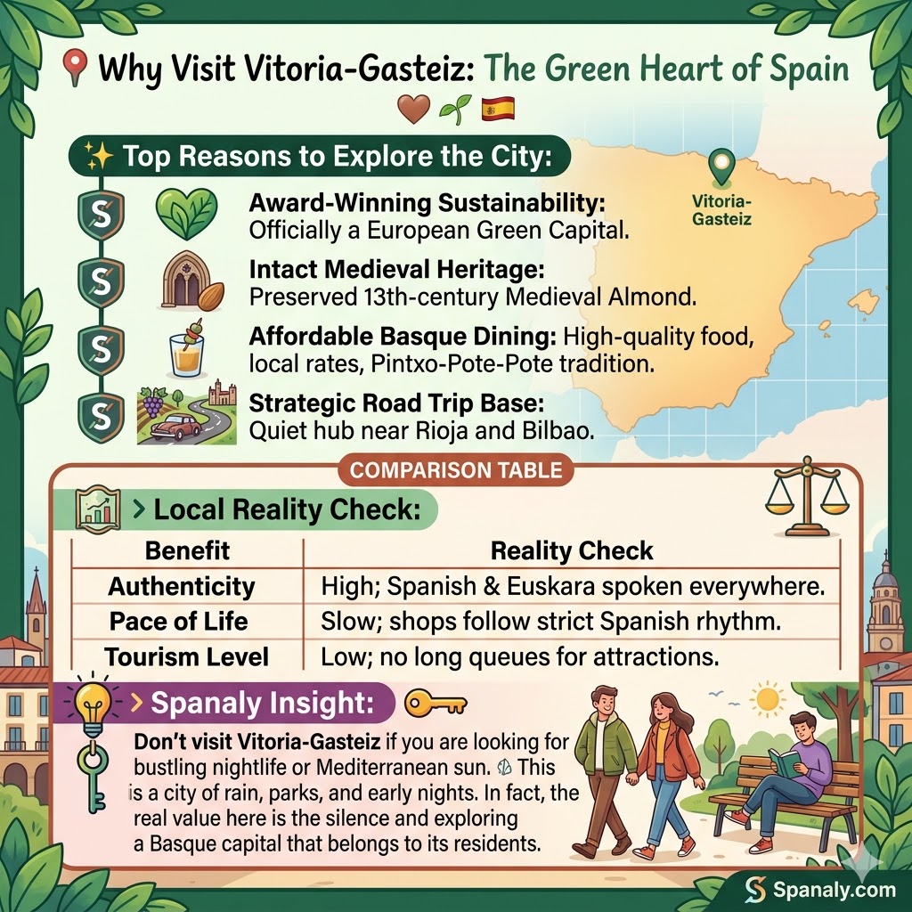 Infographic showing reasons to visit Vitoria-Gasteiz including sustainability, medieval heritage, affordable dining, and a local reality check table.