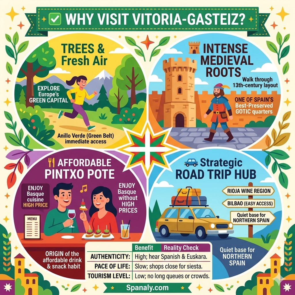 An infographic showing the top reasons to visit Vitoria-Gasteiz, including its green spaces, medieval history, affordable pintxo-pote dining, and strategic location.