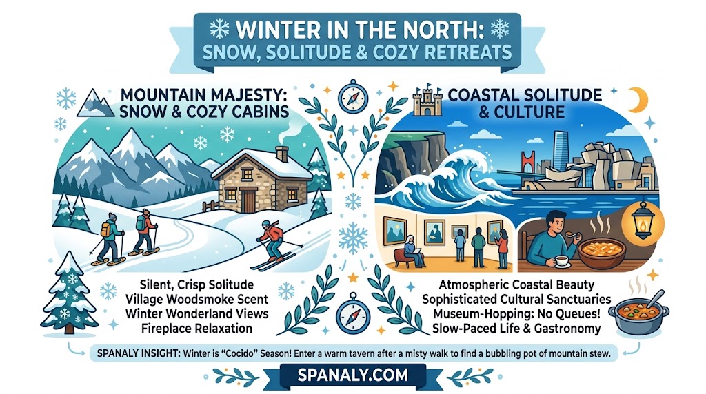 A colorful infographic for Northern Spain in winter, featuring snowy Picos de Europa mountains, cozy stone cabins with fireplaces, and atmospheric coastal cultural activities.