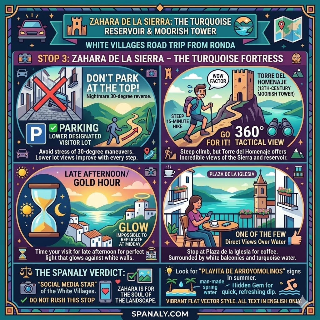A tactical infographic of Zahara de la Sierra, Spain, showing the turquoise reservoir, the steep 15-minute hike to the Moorish tower, golden hour photography tips, and the Arroyomolinos hidden beach.