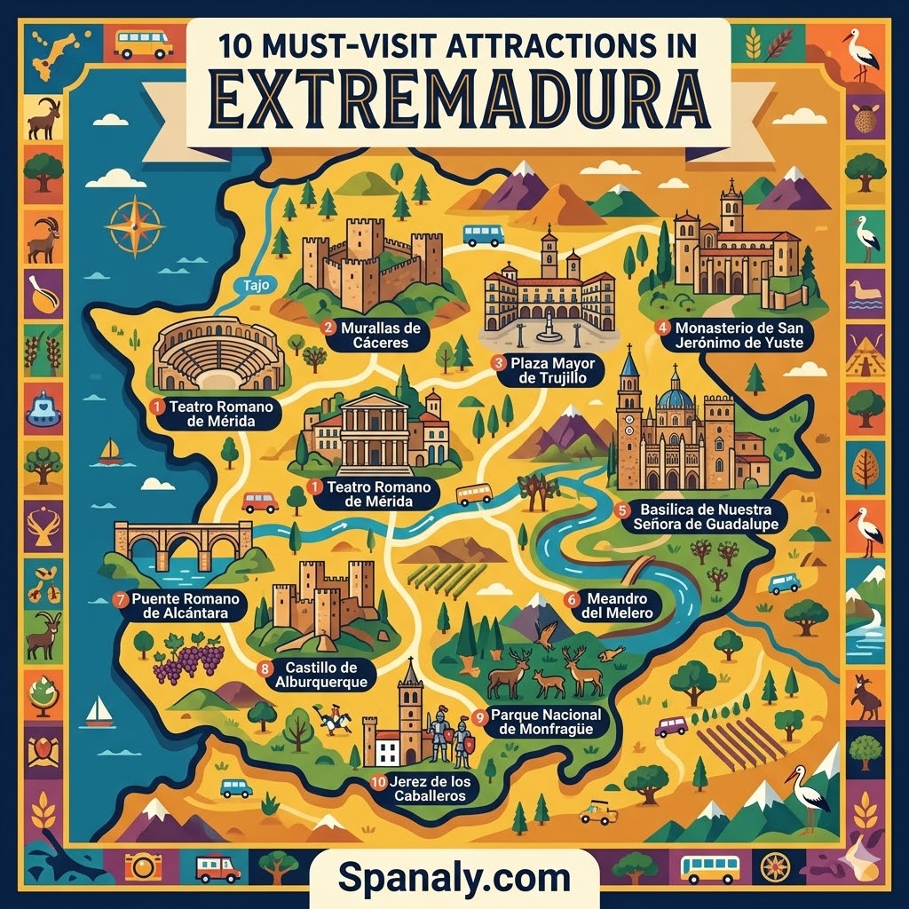 Epic travel infographic map showcasing the 10 must-visit attractions and historical landmarks in Extremadura Spain