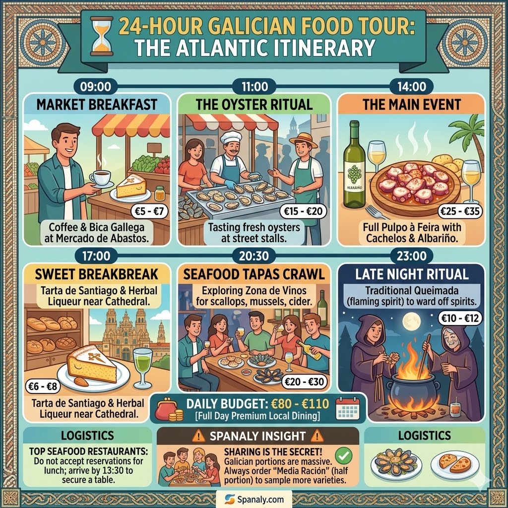 A comprehensive 24-hour Galician food tour itinerary showing a daily schedule from market breakfast and oyster rituals to a full Pulpo à Feira lunch and a late-night Queimada ritual.