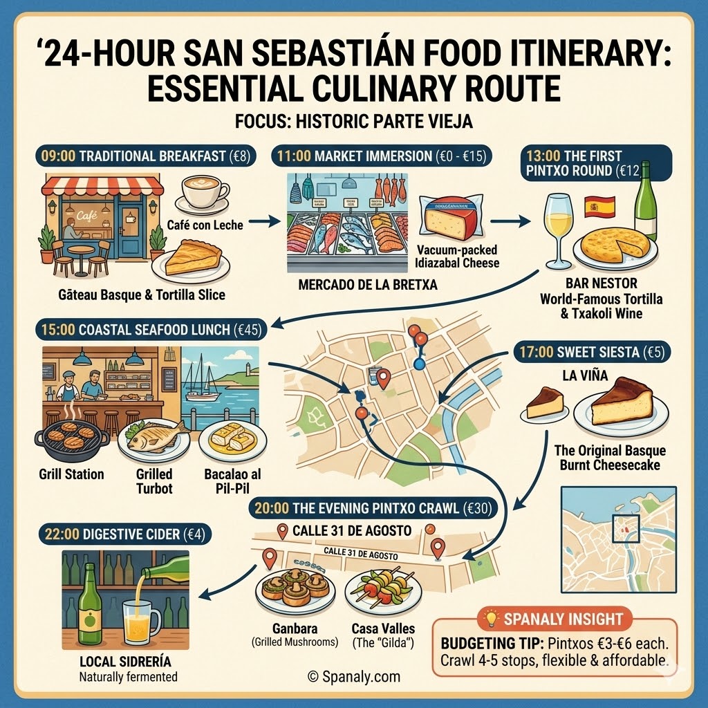 A detailed 24-hour food itinerary for San Sebastian featuring breakfast, Mercado de la Bretxa, Pintxo crawl at Bar Nestor, and the famous La Viña cheesecake.