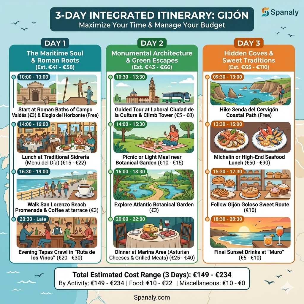 Infographic of a 3-day Gijon itinerary including Roman baths, Laboral Ciudad de la Cultura, coastal hiking, and a budget breakdown for food and activities.