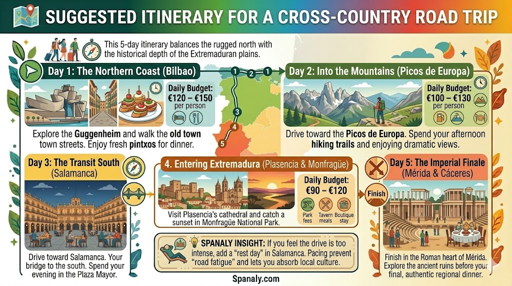 Infographic outlining a 5-day road trip itinerary from Northern Spain to Extremadura, featuring daily travel stops, budget estimates, and route highlights for a complete travel plan.