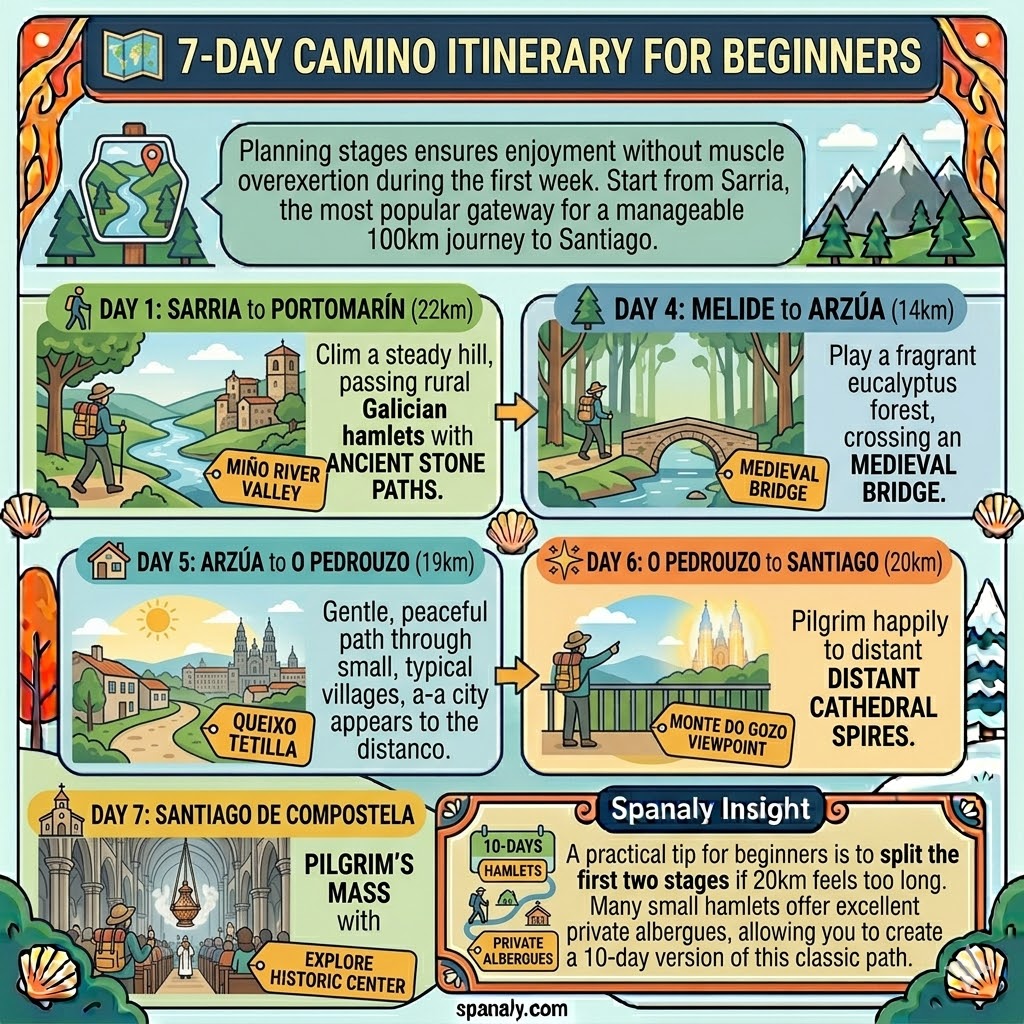 A colorful 7-day itinerary infographic for Camino de Santiago beginners starting from Sarria to Santiago de Compostela.