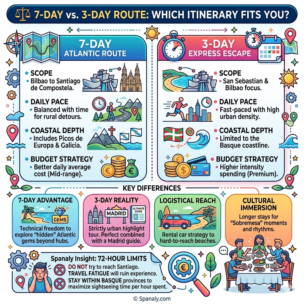 A comparison infographic showing the differences between a 7-day Atlantic route and a 3-day express escape in Northern Spain, including scope, pace, and budget.