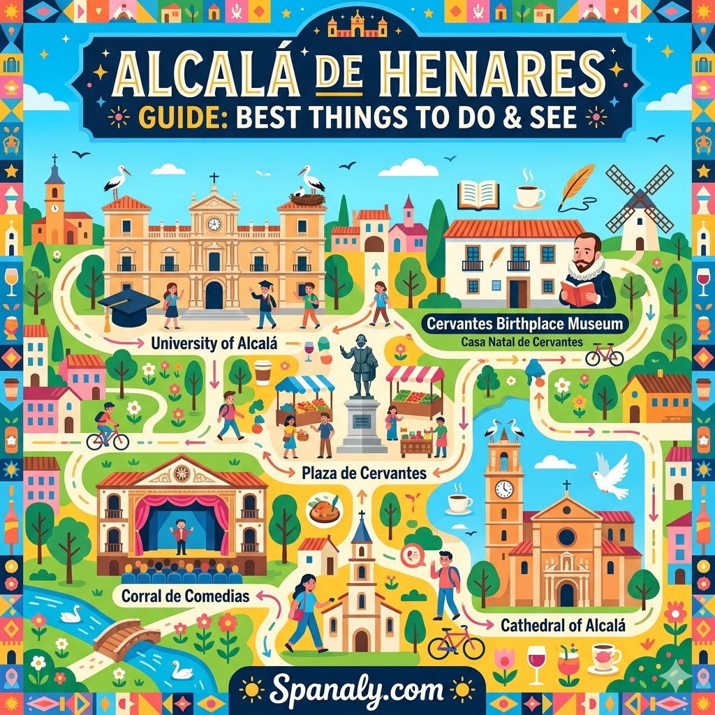 Illustrated map of Alcala de Henares featuring iconic landmarks like the University of Alcala and Cervantes Birthplace Museum for travel planning.