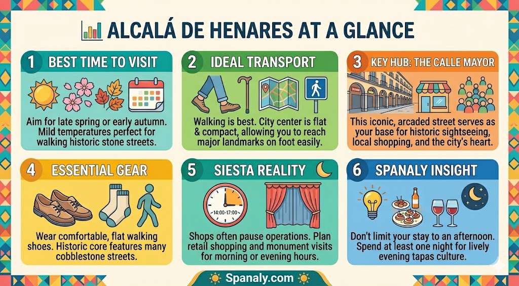 Infographic guide showing essential travel tips for Alcala de Henares, including transport, visiting times, and local insights for tourists.