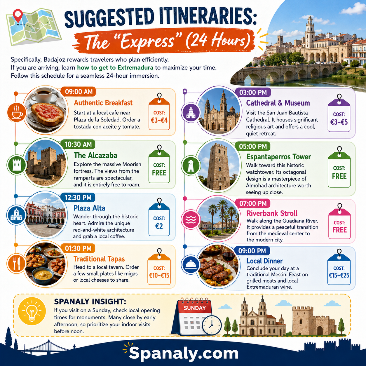 Colorful infographic showing a 24-hour Badajoz itinerary with breakfast, Alcazaba, Plaza Alta, cathedral, Espantaperros Tower, river walk, local dinner, timings, costs, and travel tips by Spanaly.com.
