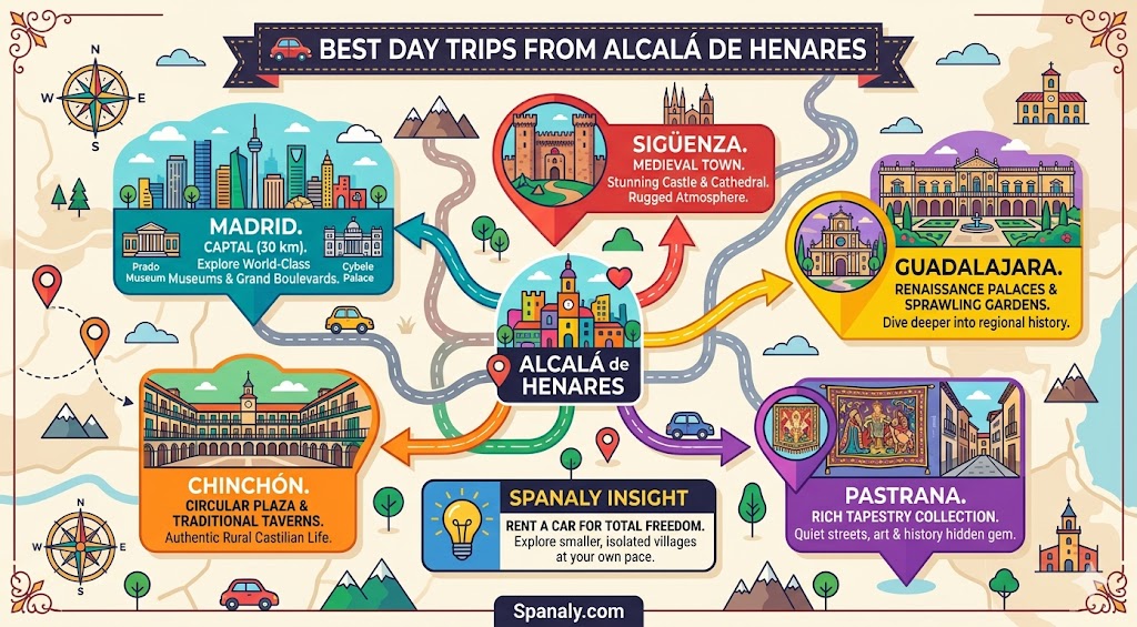 Infographic map illustrating the best day trips from Alcala de Henares, including Madrid, Siguenza, and Chinchon, ideal for travelers exploring central Spain.