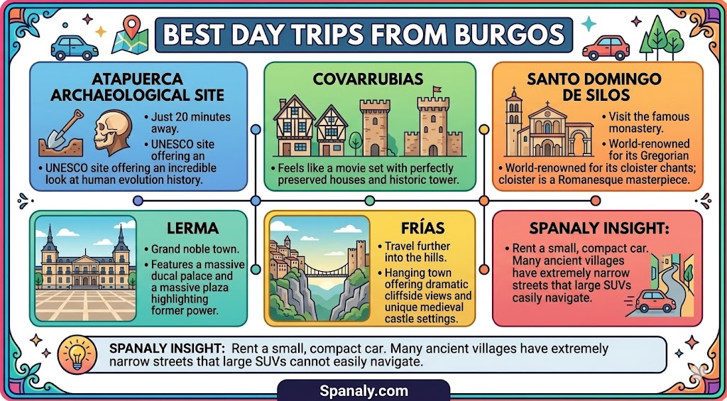 Infographic guide featuring the best day trips from Burgos, including Atapuerca, Covarrubias, Santo Domingo de Silos, Lerma, and Frías, with travel tips for navigating Castilian villages.