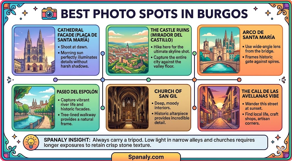 Infographic highlighting the best photo spots in Burgos, including the Cathedral facade, Castle ruins, and Arco de Santa María, with photography tips for capturing the city's Gothic beauty.