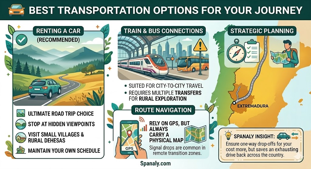 Infographic comparing transportation options for traveling to Extremadura, Spain, including car rental tips, public transport limitations, and essential navigation advice for a successful road trip.