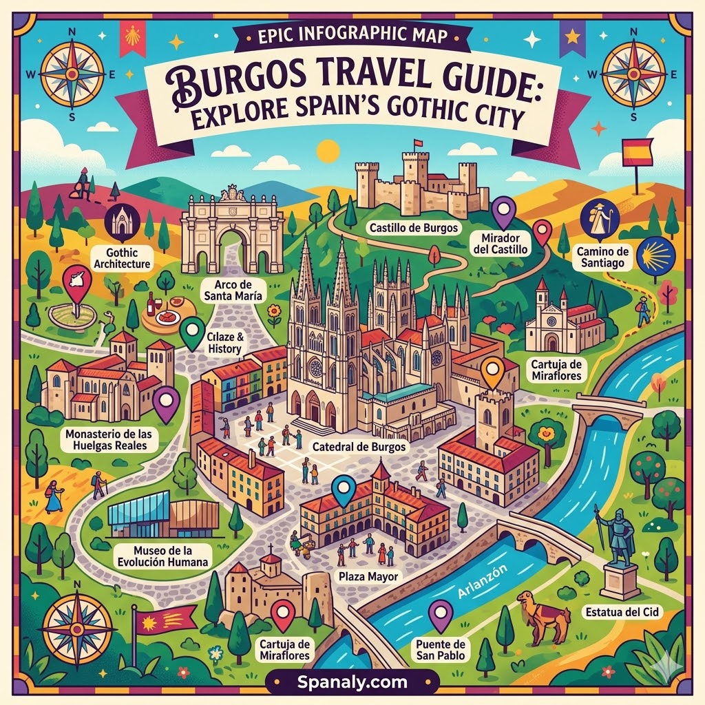 Vibrant infographic map of Burgos featuring the Cathedral, Arco de Santa María, and landmarks for a complete travel guide to Spain's Gothic city.