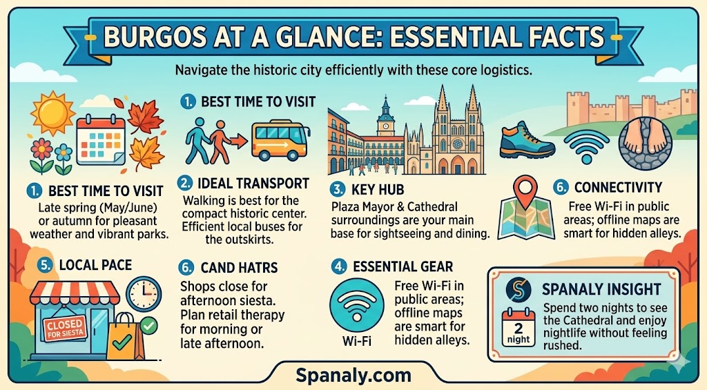 Infographic summary of Burgos travel essentials including best time to visit, transport, and local tips for navigating the historic city efficiently.