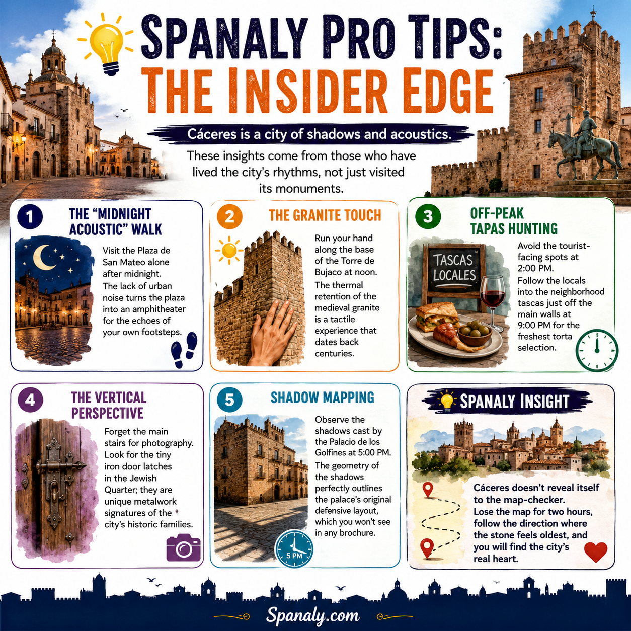 Colorful travel infographic about Cáceres Spain insider travel tips featuring Plaza de San Mateo midnight walk, Torre de Bujaco granite touch, hidden tapas spots, Jewish Quarter photography details, and shadow mapping by Spanaly.com.