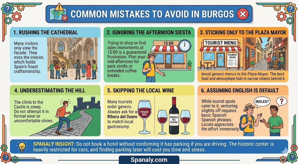 Infographic outlining common travel mistakes to avoid in Burgos, such as rushing the Cathedral, ignoring siesta hours, and parking issues, to ensure a seamless visit.