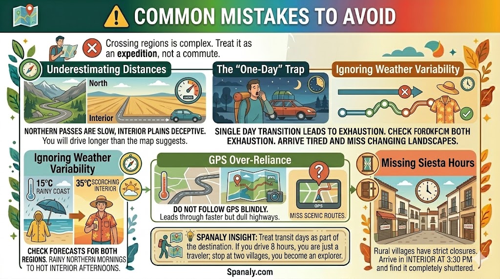 Infographic detailing common travel mistakes to avoid when crossing from Northern Spain to Extremadura, including tips on distance management, weather preparedness, and siesta hours for a smoother journey.