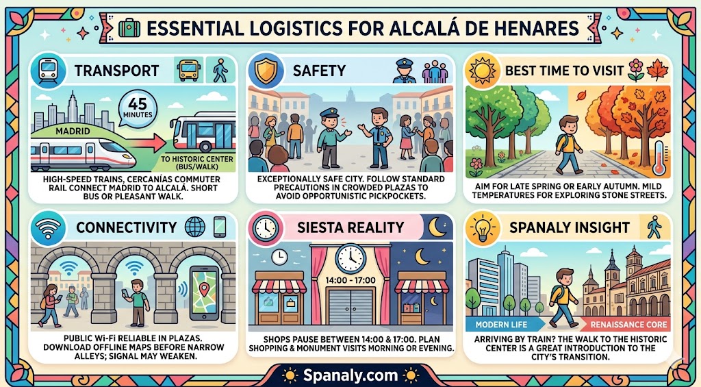 Infographic guide detailing essential travel logistics for Alcala de Henares, including transport, safety tips, best time to visit, and connectivity for a seamless trip.