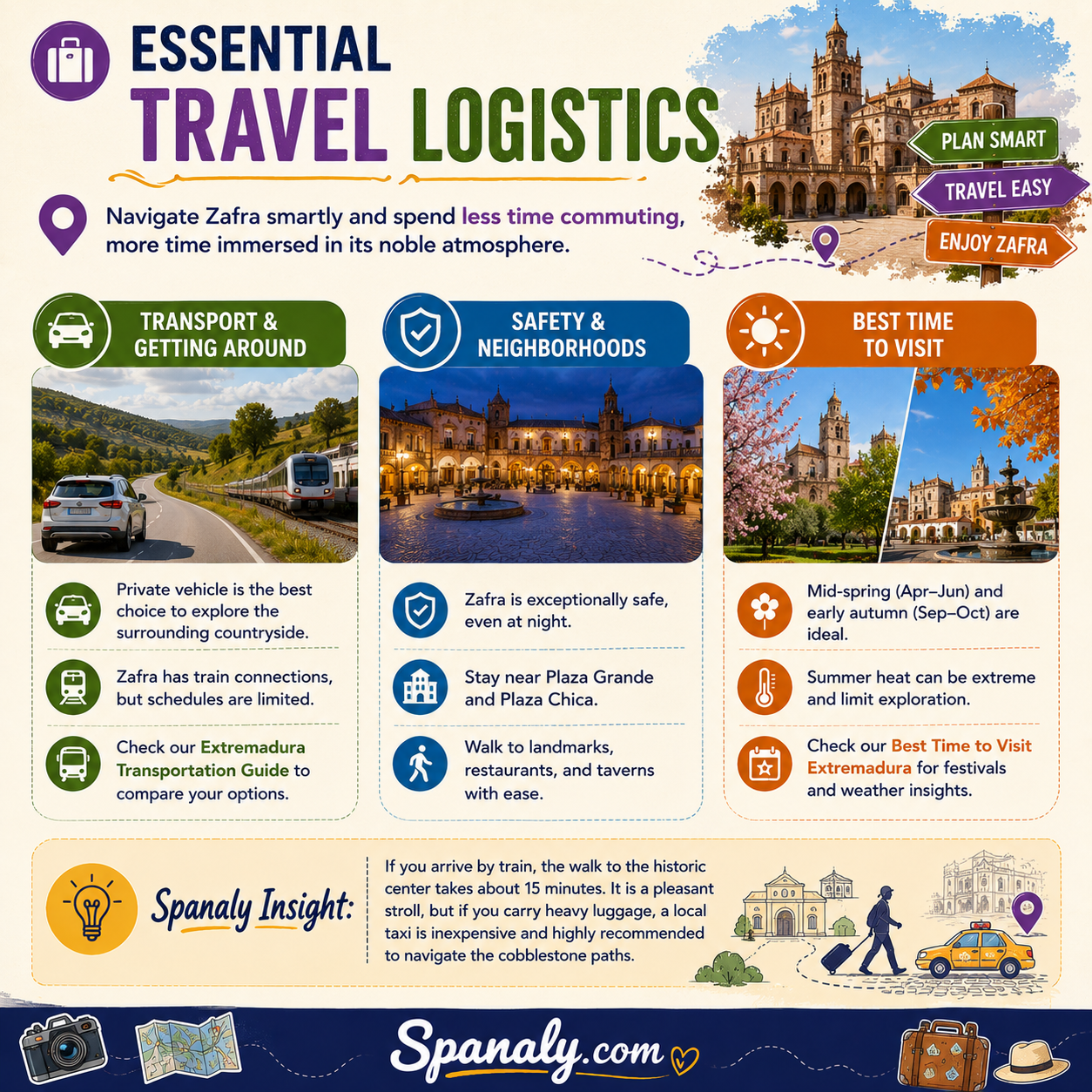 Colorful travel infographic about essential travel logistics in Zafra, Spain, featuring transport tips, safety information, best neighborhoods, best time to visit, train access, taxis, and seasonal travel advice for exploring Extremadura – Spanaly.com.