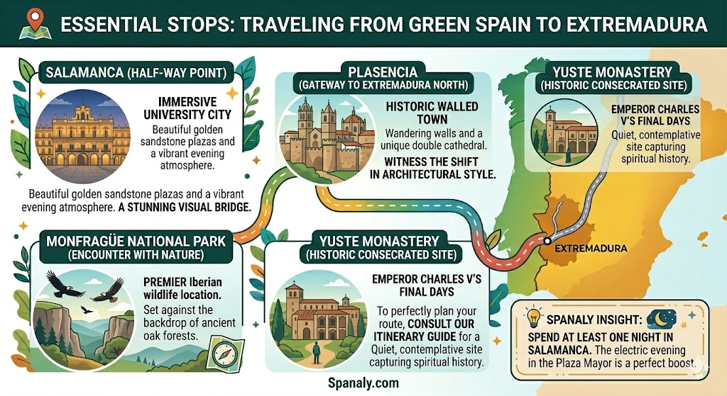 Infographic highlighting essential travel stops between Northern Spain and Extremadura, including Salamanca, Plasencia, Monfragüe National Park, and Yuste Monastery for a perfect road trip.