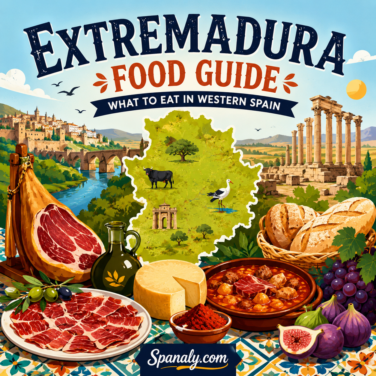 Colorful illustrated featured image for Extremadura Food Guide showing traditional foods of Extremadura in Western Spain, including Iberian ham, cheese, olive oil, and regional cuisine with an artistic map design.