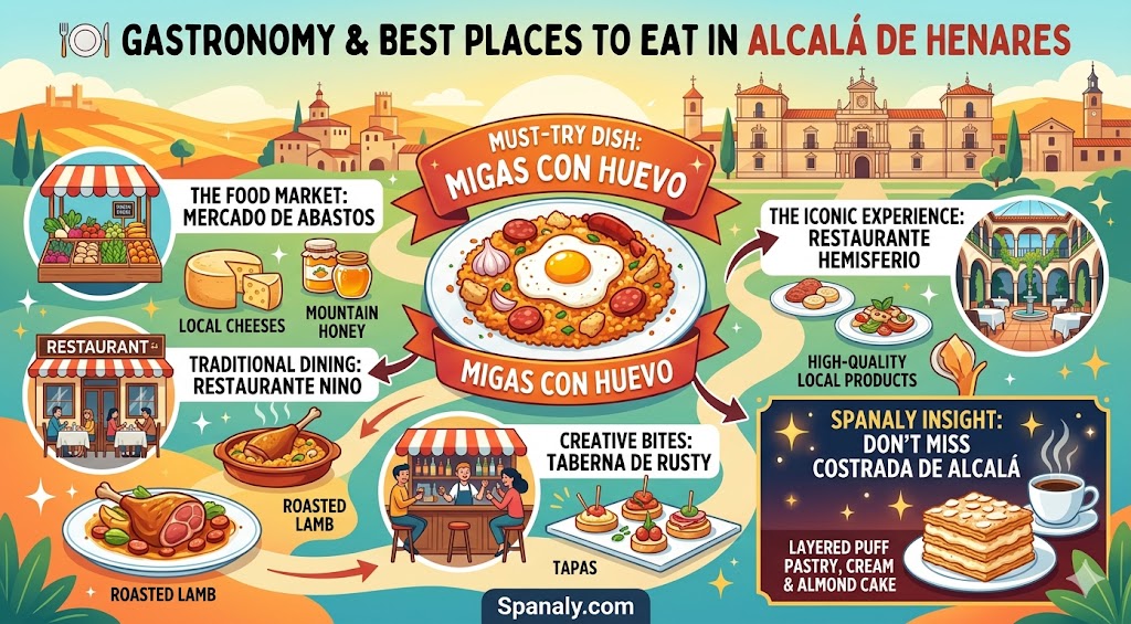 Infographic guide featuring traditional Alcala de Henares cuisine, including must-try dishes like Migas con huevo and top restaurant recommendations for food lovers.