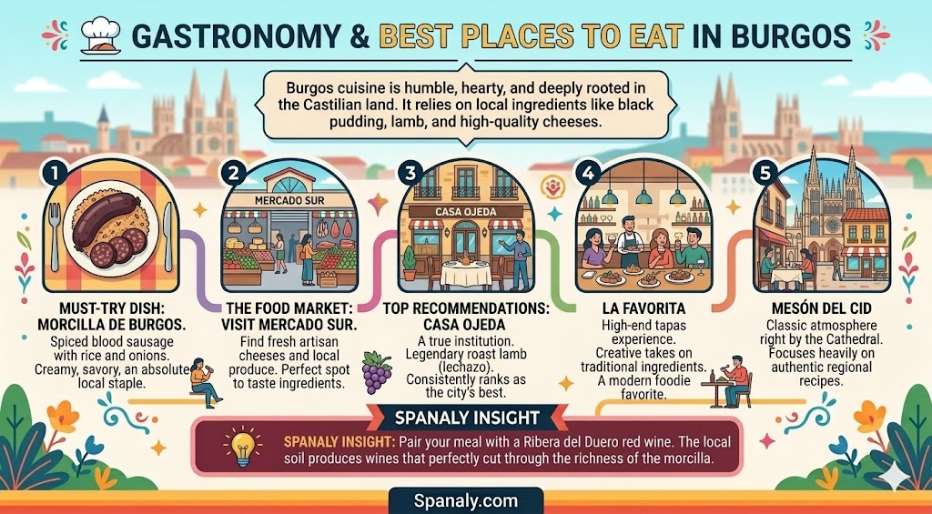 Infographic guide to Burgos gastronomy, featuring must-try Morcilla de Burgos, local food markets, and top-rated restaurants like Casa Ojeda for an authentic Castilian dining experience.