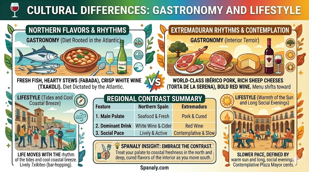 Infographic comparing the culinary traditions and lifestyle rhythms of Northern Spain and Extremadura, highlighting regional food specialties and cultural contrasts for travelers.