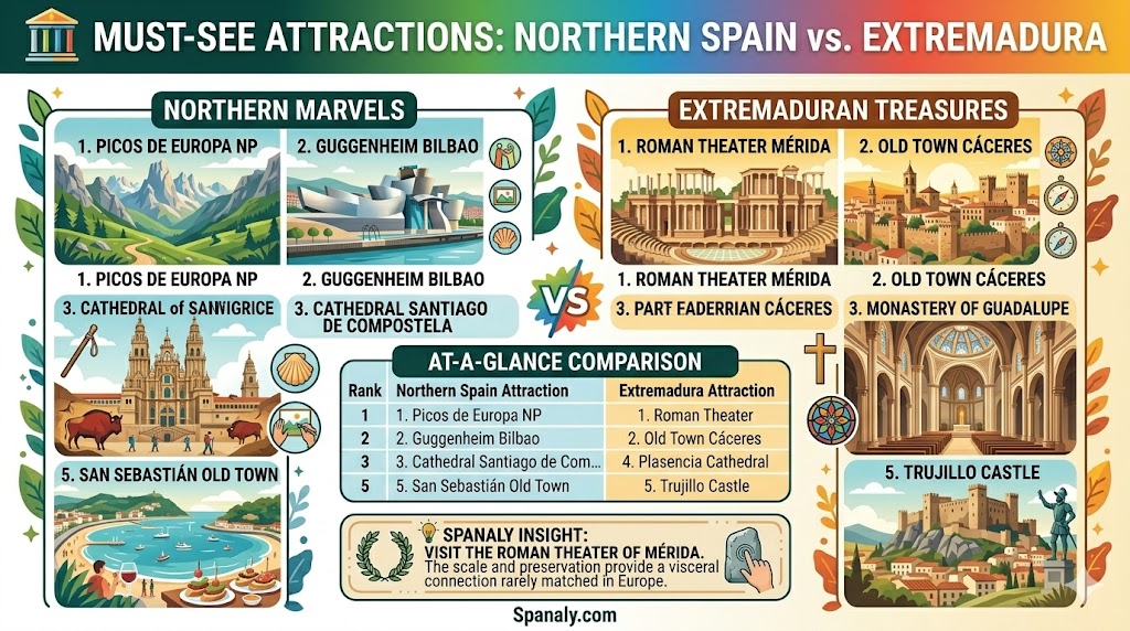 Infographic comparing must-see attractions in Northern Spain and Extremadura, featuring top historical sites, national parks, and iconic landmarks for a curated travel itinerary.