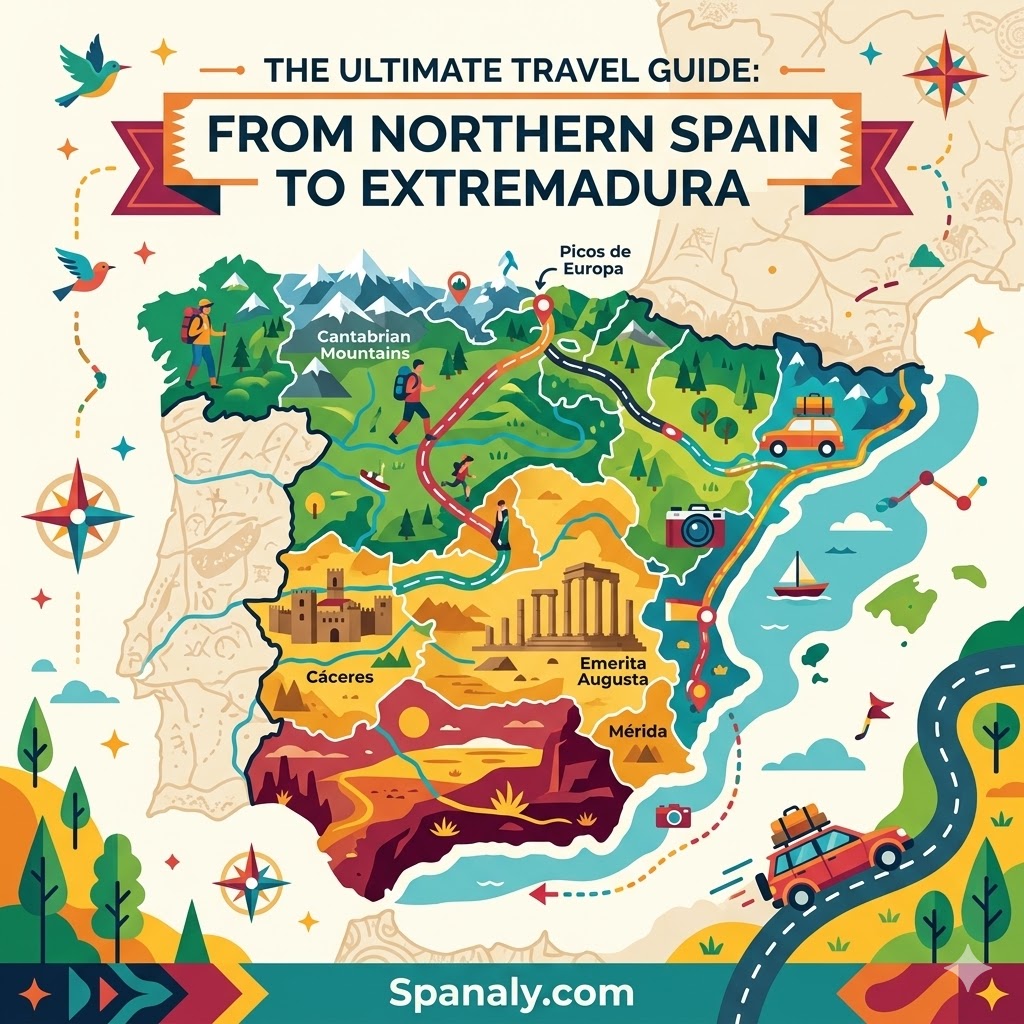Featured image for a Northern Spain to Extremadura travel guide, showcasing an illustrated map with iconic landmarks and scenic route inspiration for your Spanish road trip.