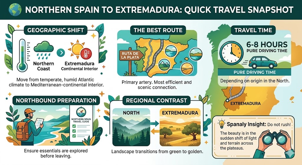 Infographic summarizing essential travel data for a trip from Northern Spain to Extremadura, featuring route advice, travel time, and regional landscape contrasts.