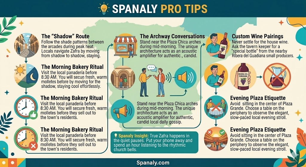 Infographic listing exclusive local pro tips for visiting Zafra, Spain, covering optimal times for bakery visits, secret architectural details, local wine pairings, and culturally respectful plaza etiquette for a genuine travel experience.