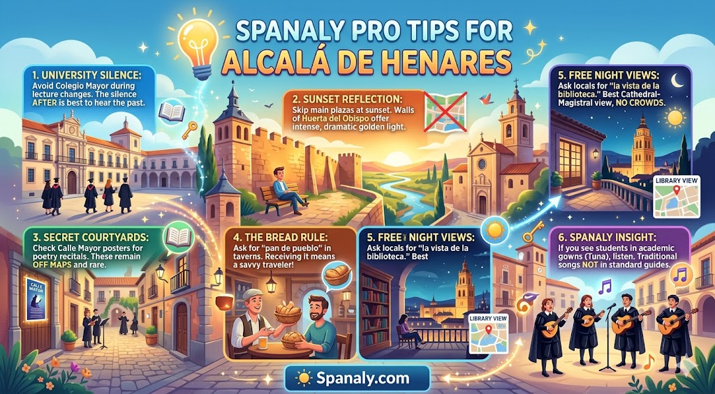 Infographic guide featuring insider Spanaly pro tips for Alcala de Henares, including secret viewpoints, cultural dining advice, and unique local experiences for travelers.